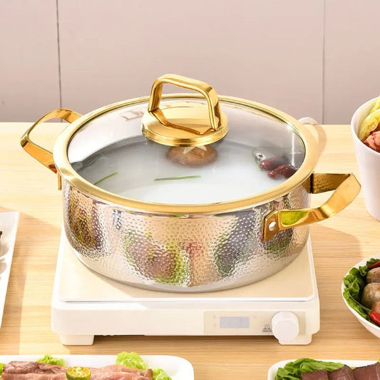 Gehämmerter Edelstahl Suppentopf 304 – Elegantes Kochen Mit Goldakzenten 0