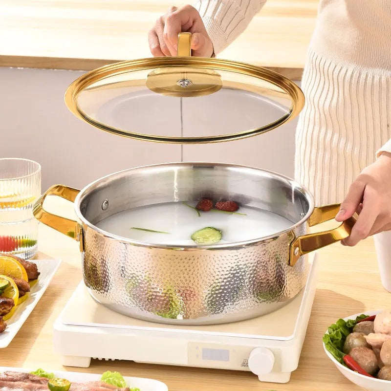 Gehämmerter Edelstahl Suppentopf 304 – Elegantes Kochen Mit Goldakzenten 2