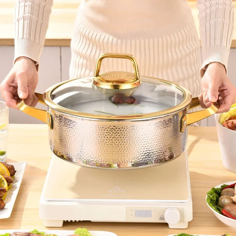 Gehämmerter Edelstahl Suppentopf 304 – Elegantes Kochen Mit Goldakzenten 3