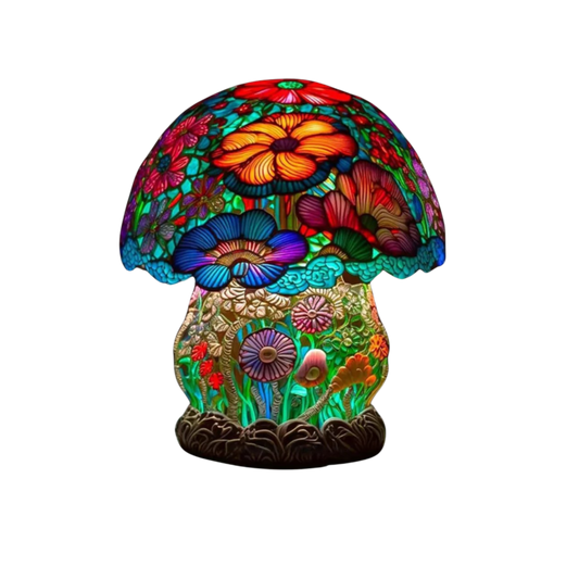 Dekorative Tischlampe Blumenpilz – Bunte Glasleuchte